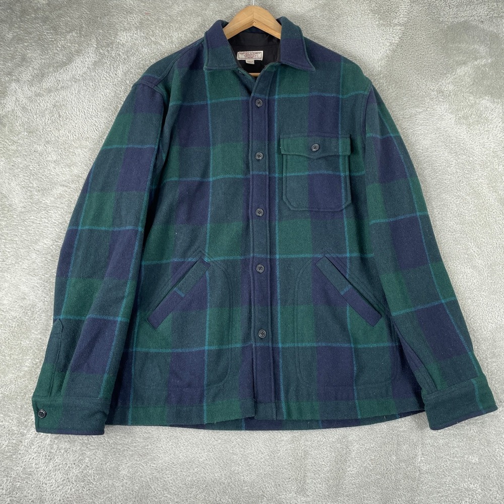 Wallace & Barnes Shirt Jacket Mens Large Green Black Watch Plaid Wool Blend